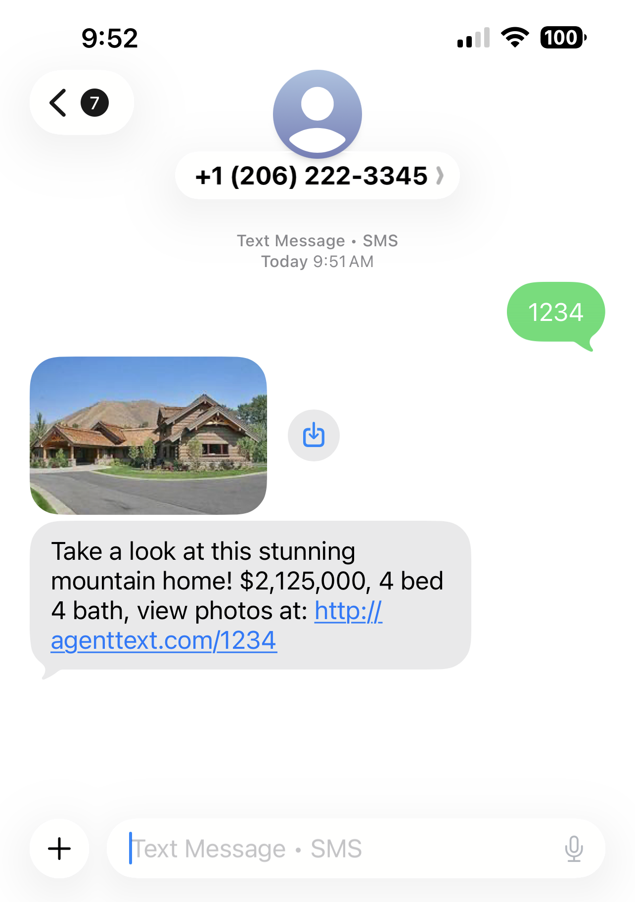Buyer receives real estate listing photo, description, and link by text after texting code from sign rider